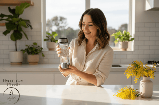 Woman in a sunny Australian kitchen holding a HolyH₂O Hydronizer hydrogen water bottle