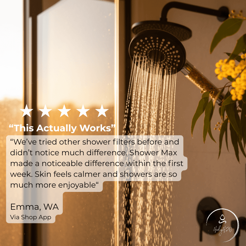 HolyH₂O Shower Max shower filter for reducing chlorine and heavy metals, designed for softer skin and shinier hair